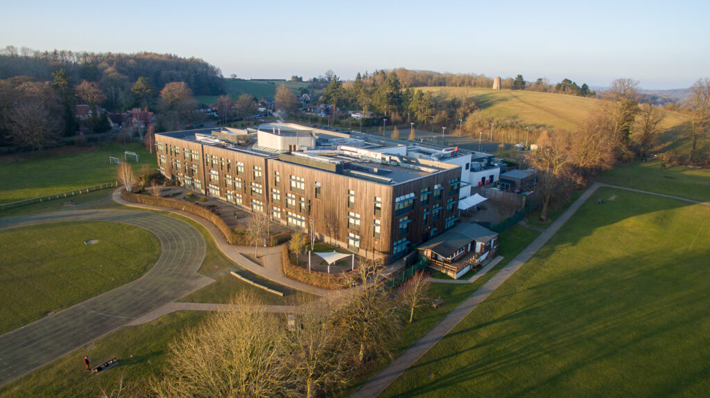 A shot of the back of William Brookes School building and ground facilities